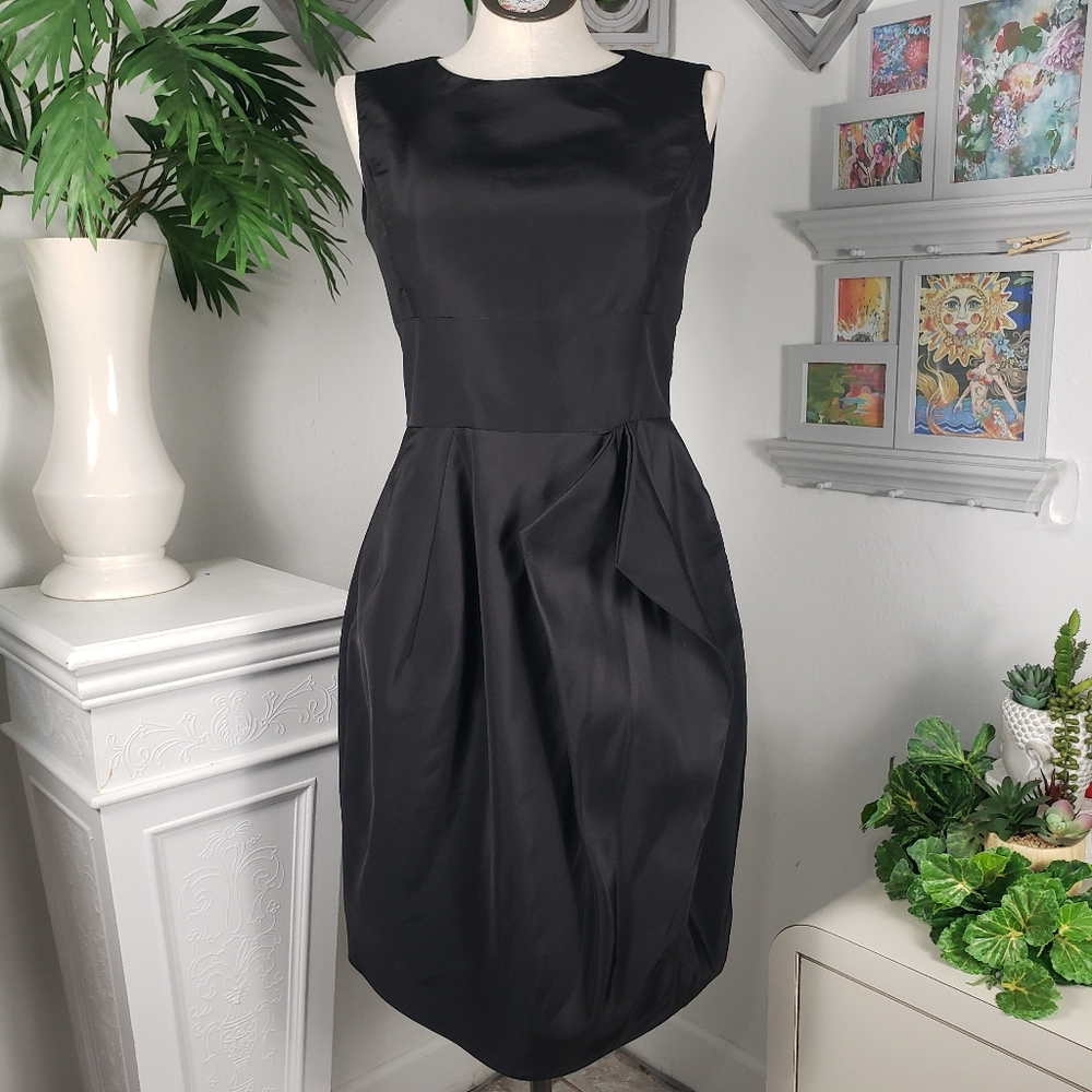 Oscar de la Renta Black Silk Taffeta w/ Pleats - Vintage Retro Fit & Flair sz 12